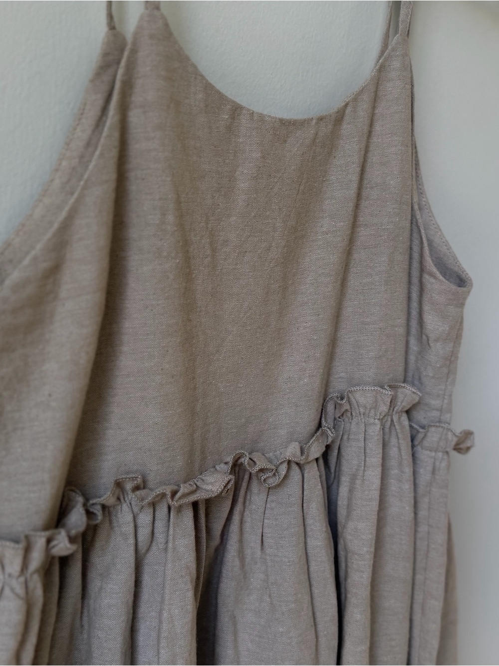 NWT Commense Size Small Cotton Linen Tie-Shoulder Mini Dress in Beige Tan Ruffle - Picture 11 of 15